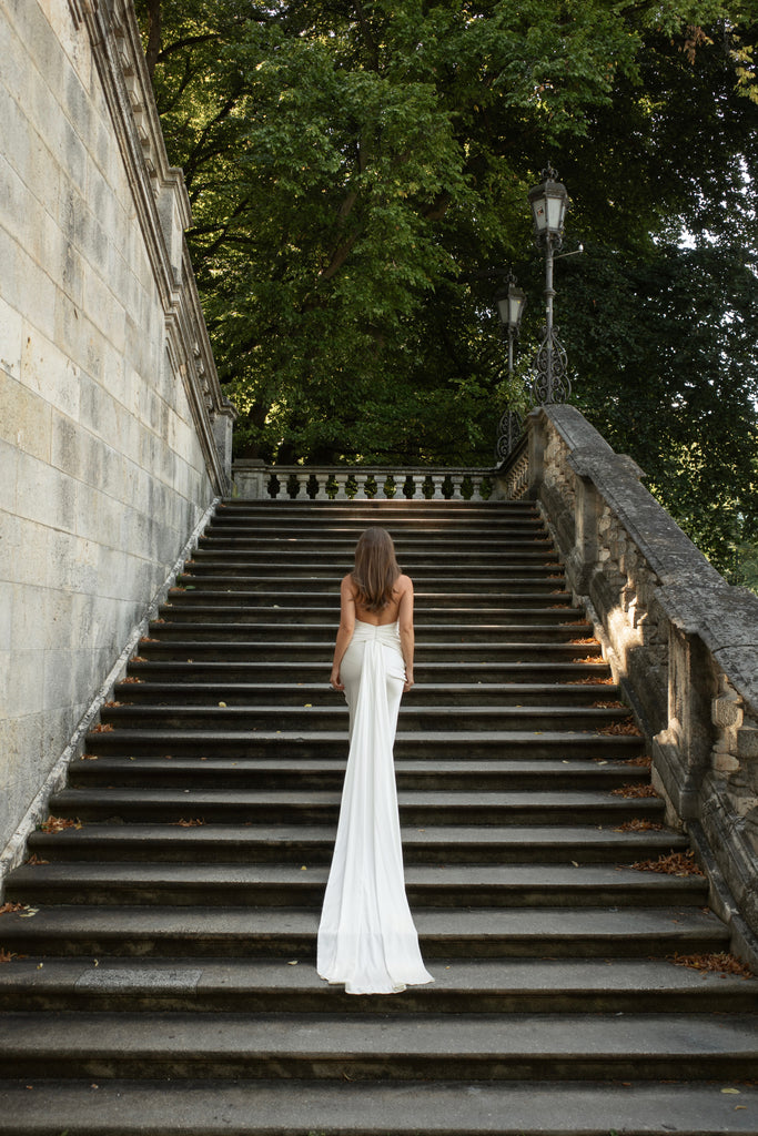 Halter Neck Silk Gown - Modern Bridal Dress - Detachable Train Dress | Zoe Rowyn Bridal Halter Neck Silk Gown - Modern Bridal Dress - Detachable Train Dress | Zoe Rowyn Bridal