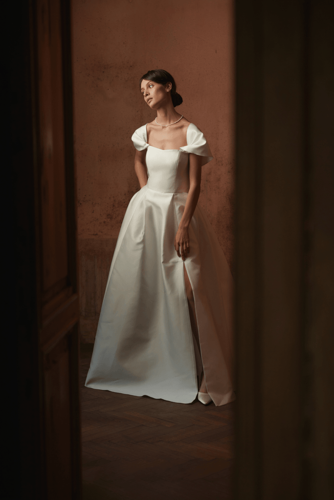 Silk Mikado Bridal Gown - A Line Wedding Dress - Leg Split | Zoe Rowyn Bridal Silk Mikado Bridal Gown - A Line Wedding Dress - Leg Split | Zoe Rowyn Bridal