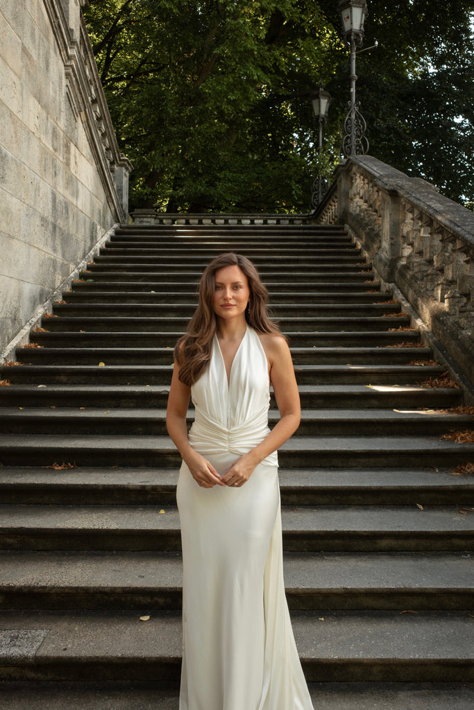 Halter Neck Silk Gown - Modern Bridal Dress - Detachable Train Dress | Zoe Rowyn Bridal Halter Neck Silk Gown - Modern Bridal Dress - Detachable Train Dress | Zoe Rowyn Bridal