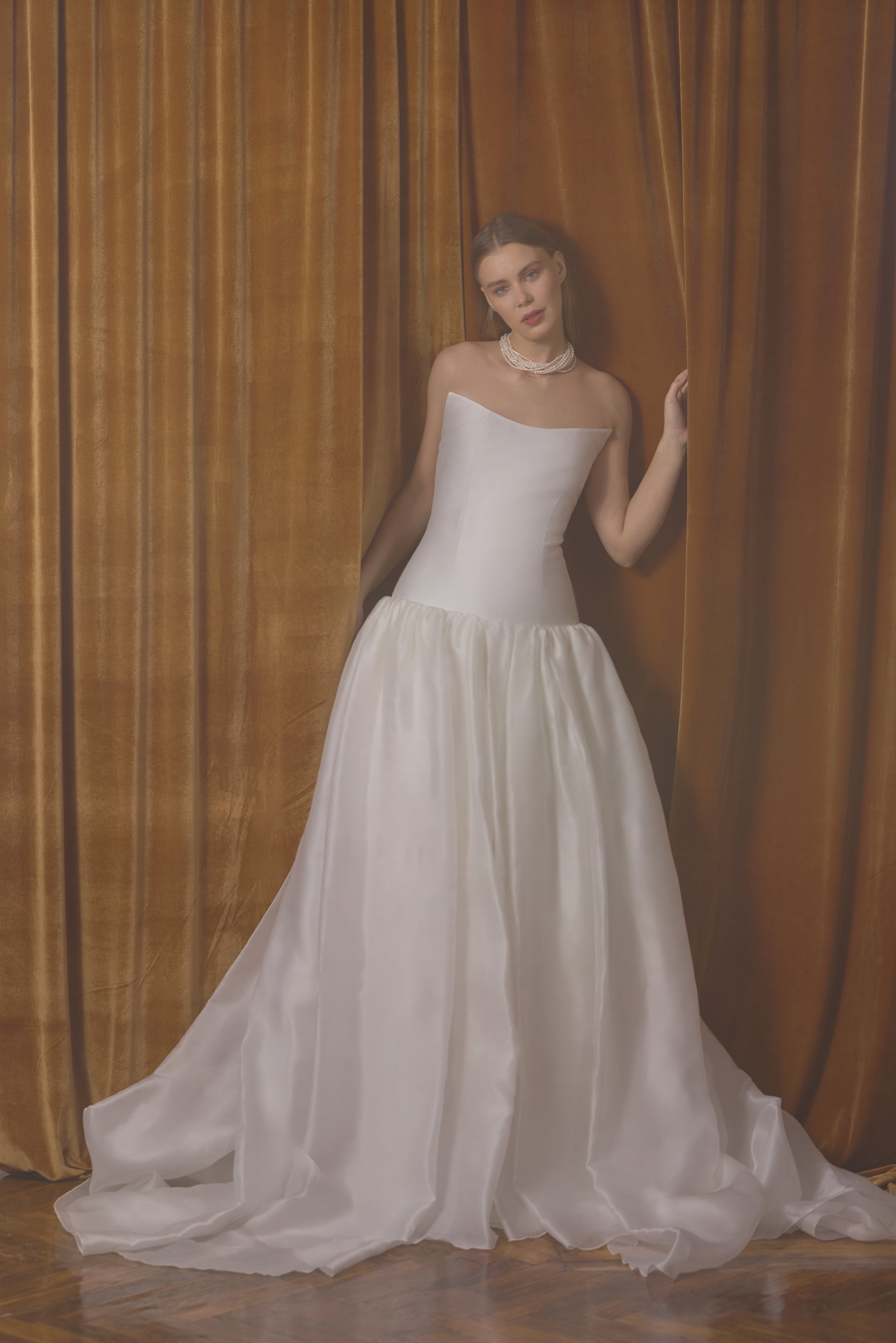 Silk Mikado Bridal Gown - Dropped Waist Wedding Dress - Corset 46