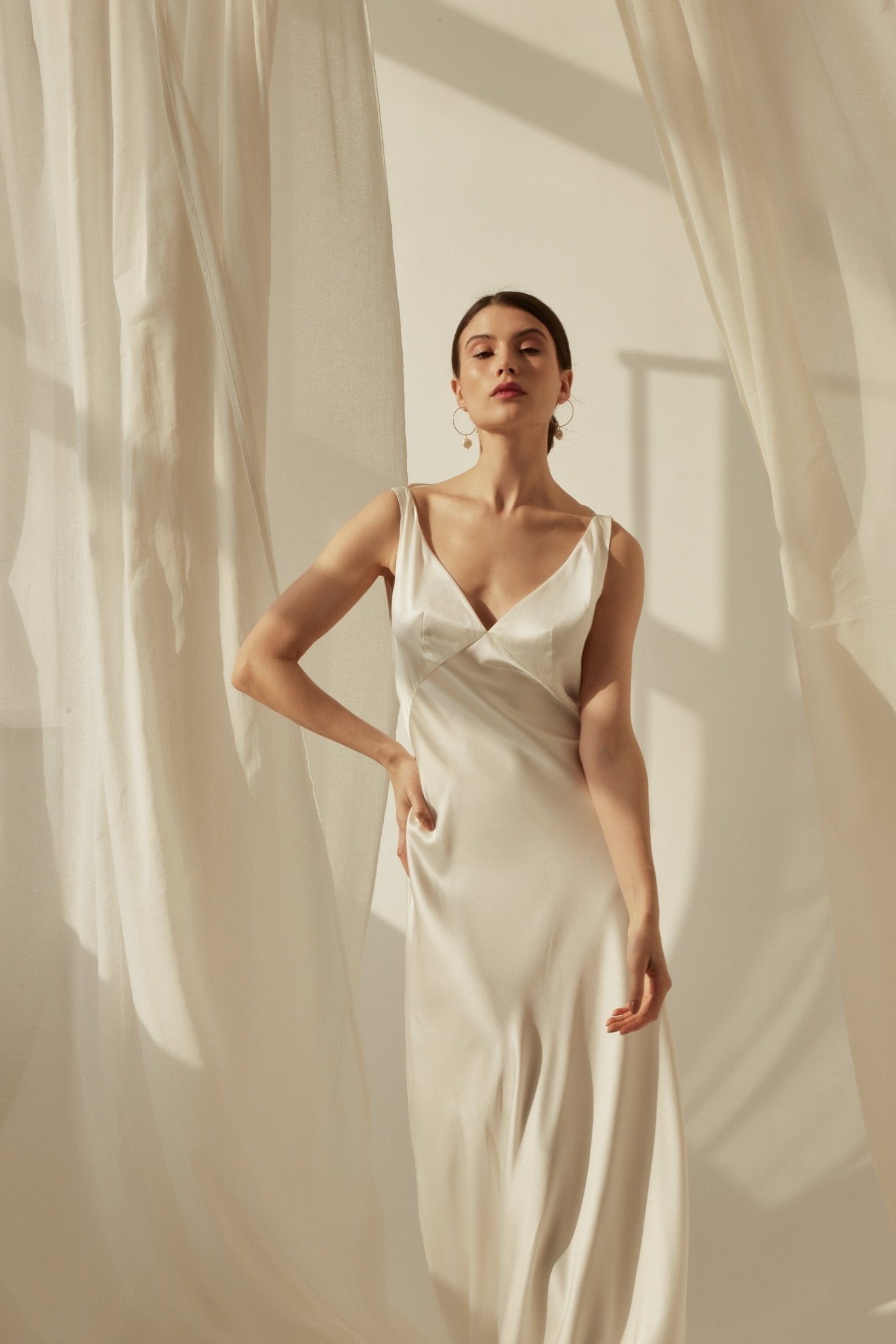 bridal silk slip dress White Bridal Satin Lace Trim Slip Dress: V-Neck Sleeveless Midi
